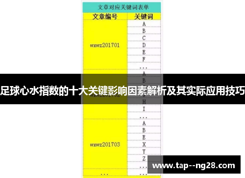 足球心水指数的十大关键影响因素解析及其实际应用技巧 足球心水指数的十大关键影响因素解析及其实际应用技巧