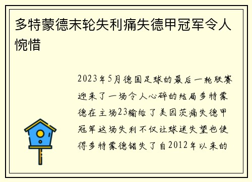 多特蒙德末轮失利痛失德甲冠军令人惋惜 多特蒙德末轮失利痛失德甲冠军令人惋惜